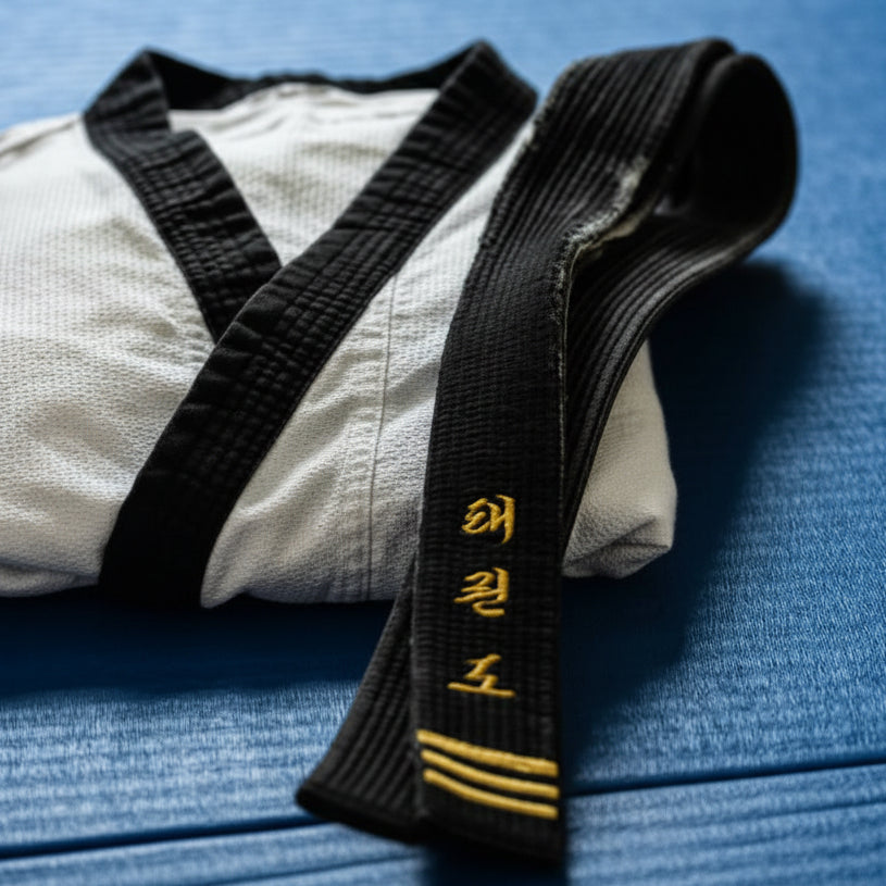 White martial arts uniform with black belt on a blue surface
