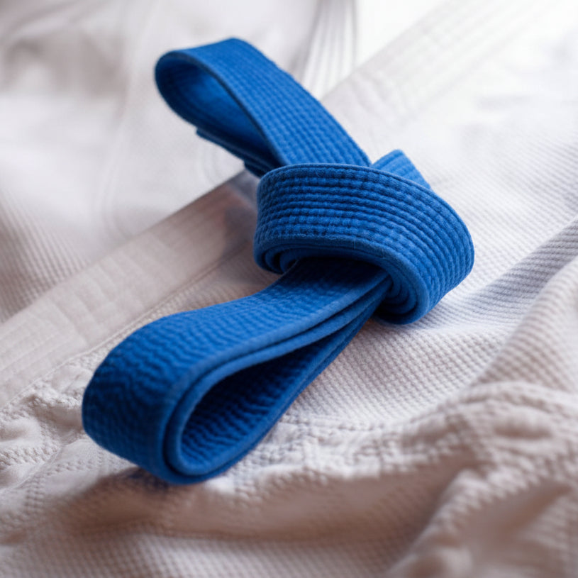 Blue belt on a white textured fabric background