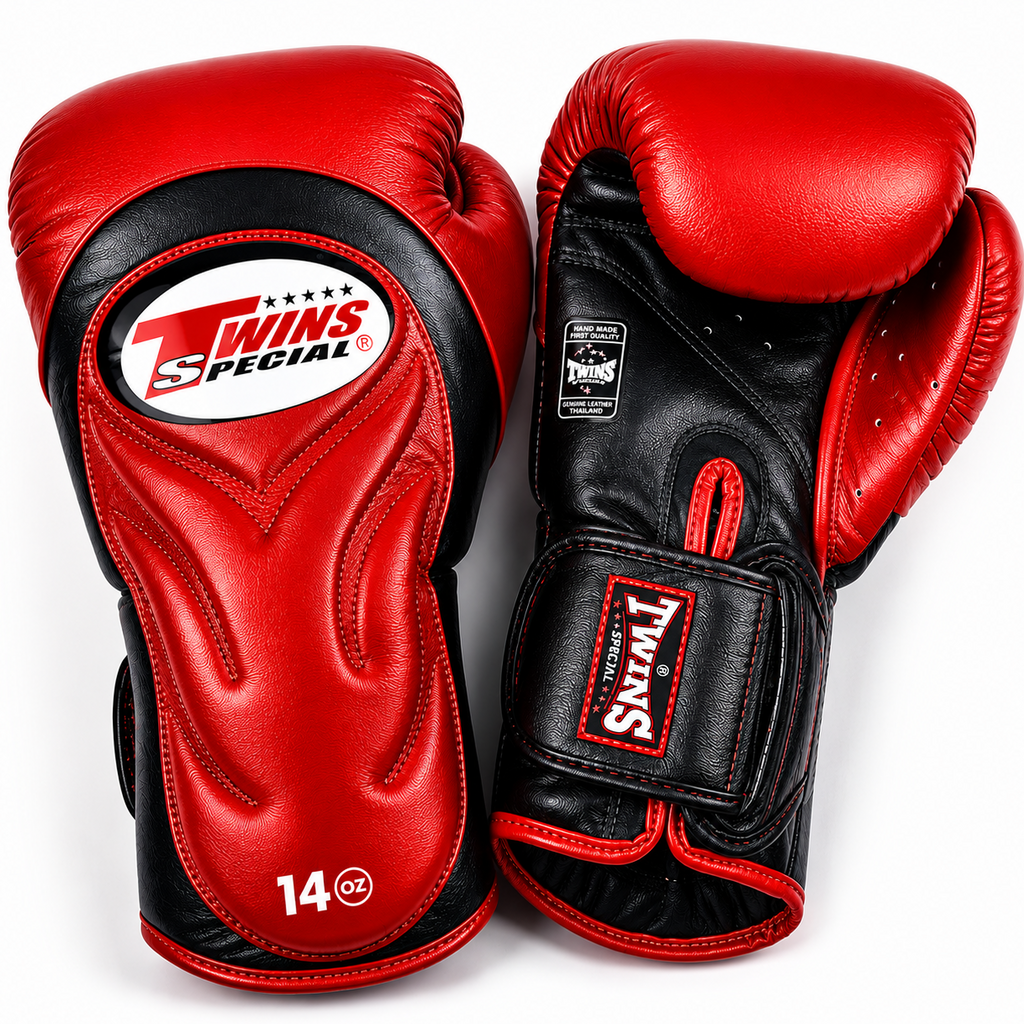 Red and black boxing gloves with Twins Special logo on a white background