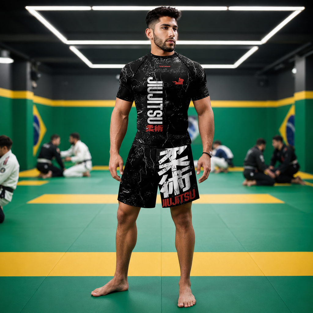 A man stands barefoot on a green and yellow martial arts mat inside a gym, wearing a black short-sleeve rash guard and matching shorts with white and red Japanese-style graphics and the word 'Jujutsu'.