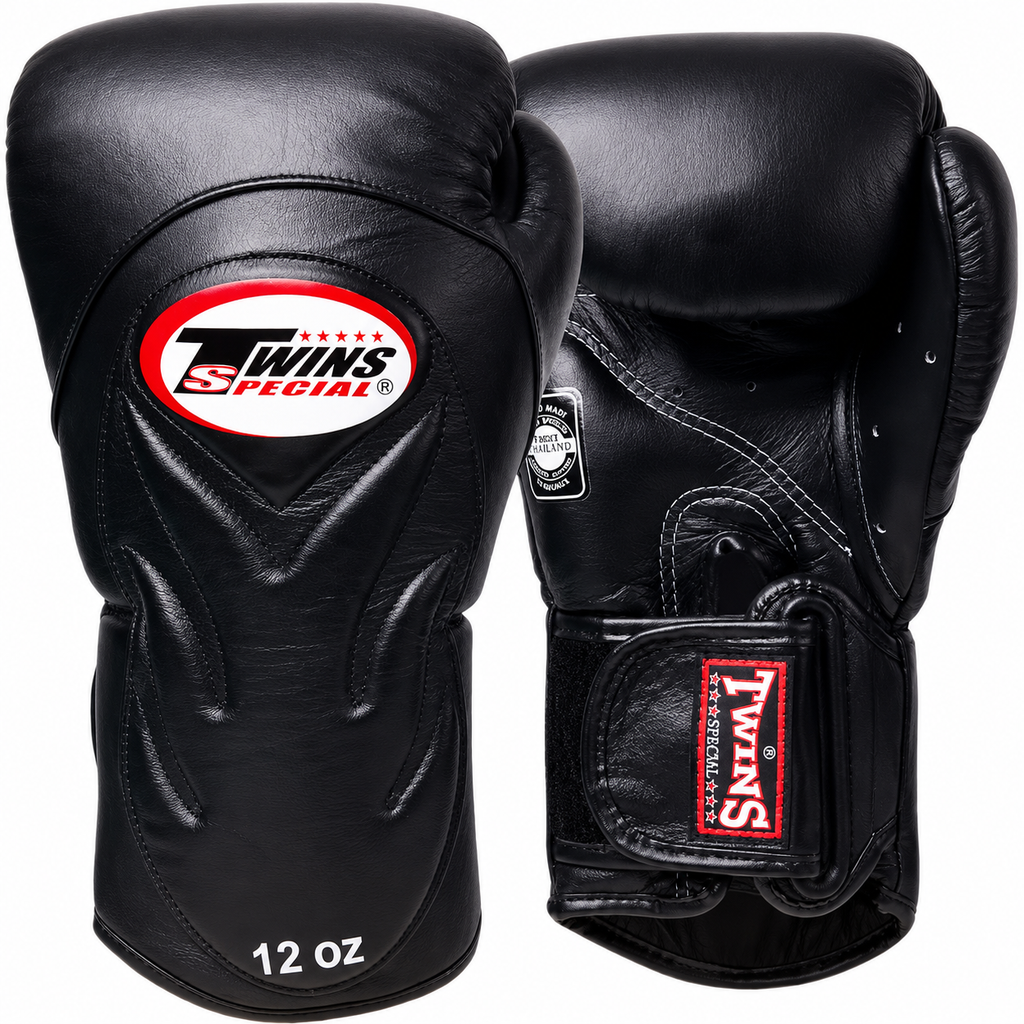 Black boxing gloves with Twins Special logo on a white background
