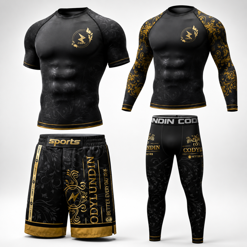 A men's athletic compression set shown in two style options: a short-sleeve tight-fitting shirt and matching shorts, plus a long-sleeve shirt and matching leggings. The set is primarily black with ornate gold baroque-style patterns and gold lettering.