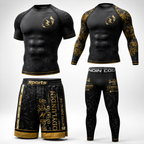 A men's athletic compression set shown in two style options: a short-sleeve tight-fitting shirt and matching shorts, plus a long-sleeve shirt and matching leggings. The set is primarily black with ornate gold baroque-style patterns and gold lettering.