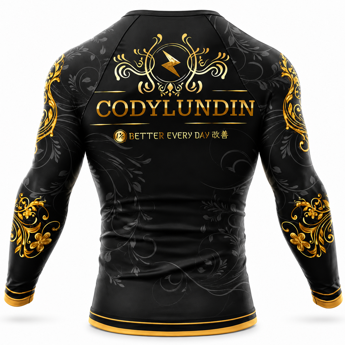 Black long-sleeve athletic rash guard with gold and gray decorative graphics, featuring the name 'CODYLUNDIN' and the phrase 'BETTER EVERY DAY' on the back, shown on a white background.
