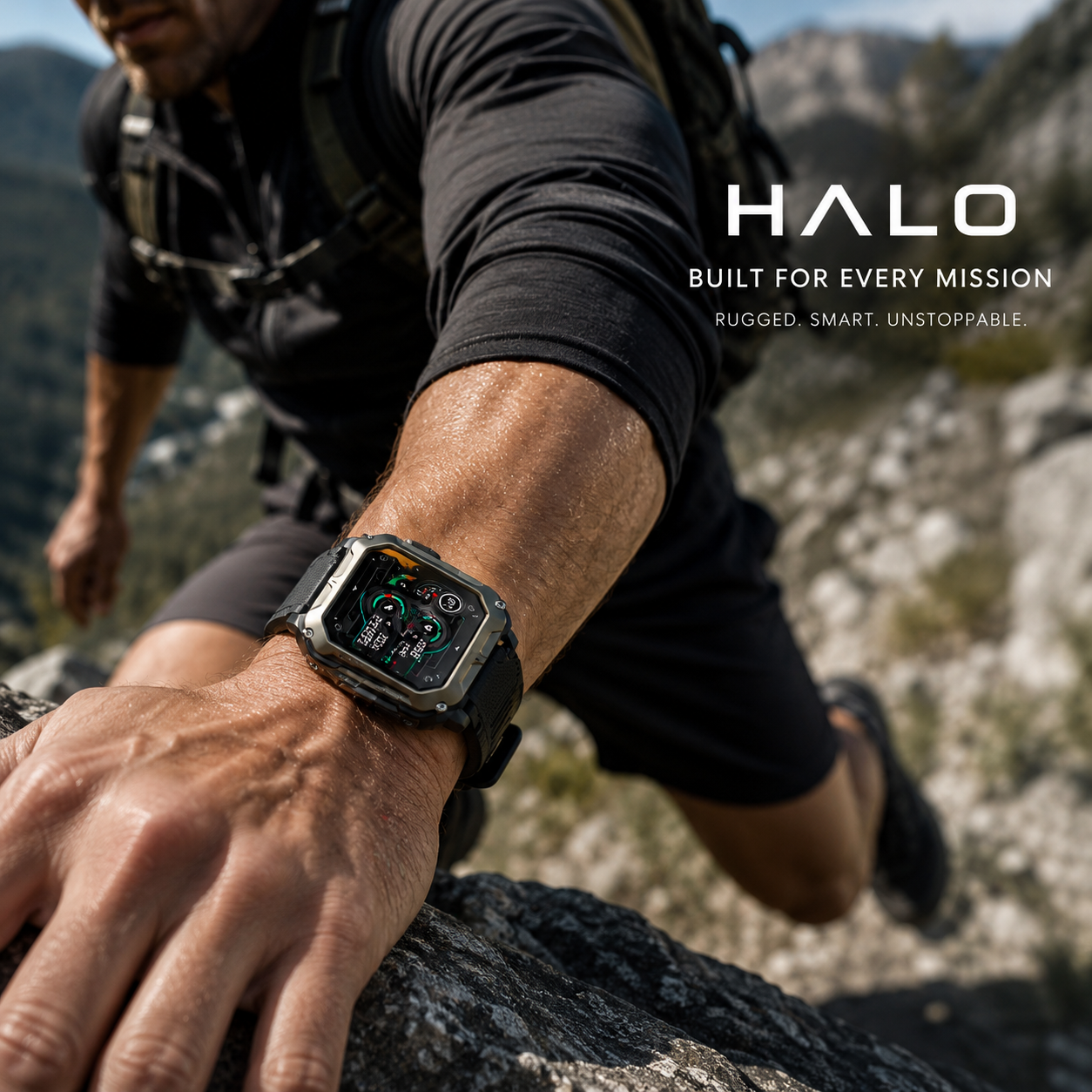A close-up of a man's arm and hand wearing a rugged smartwatch outdoors on a rocky mountain trail. The watch has a black strap and case with a dark display showing fitness metrics.