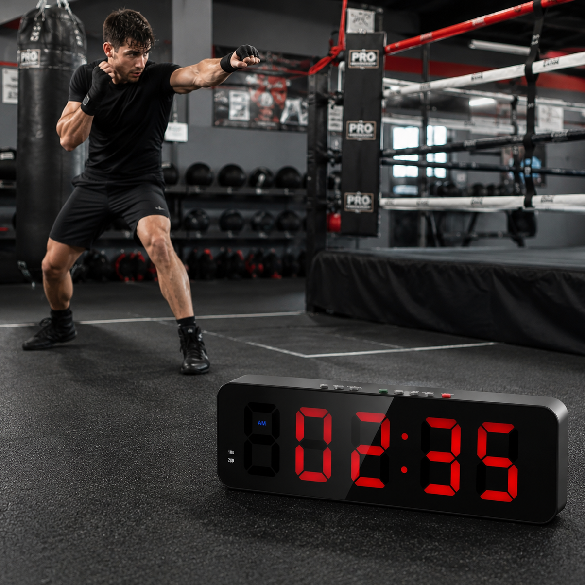 A man in a black athletic outfit stands in a boxing ring area inside a gym, with a large black digital countdown timer in the foreground showing 02:35 in bright red digits.