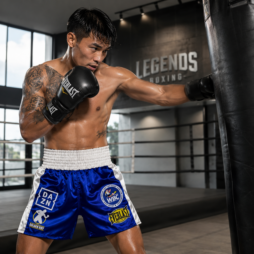 A shirtless male boxer in a gym wearing blue and white Everlast trunks and black Everlast gloves, punching a black hanging bag. The background shows a boxing ring and a wall with 'LEGENDS BOXING' written on it.