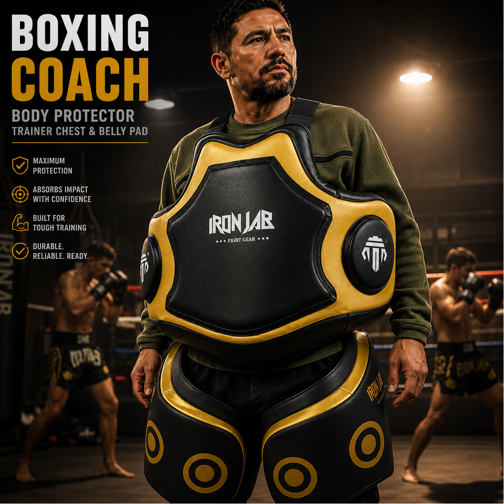 Person wearing a boxing coach body protector with Iron Lab branding in a boxing ring setting.