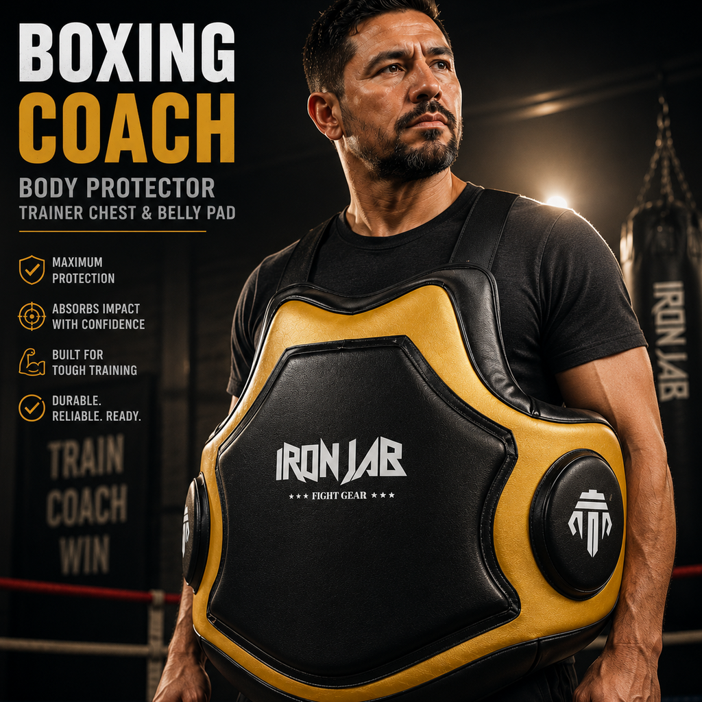 Man wearing a boxing coach body protector with Iron Lab branding in a gym setting.