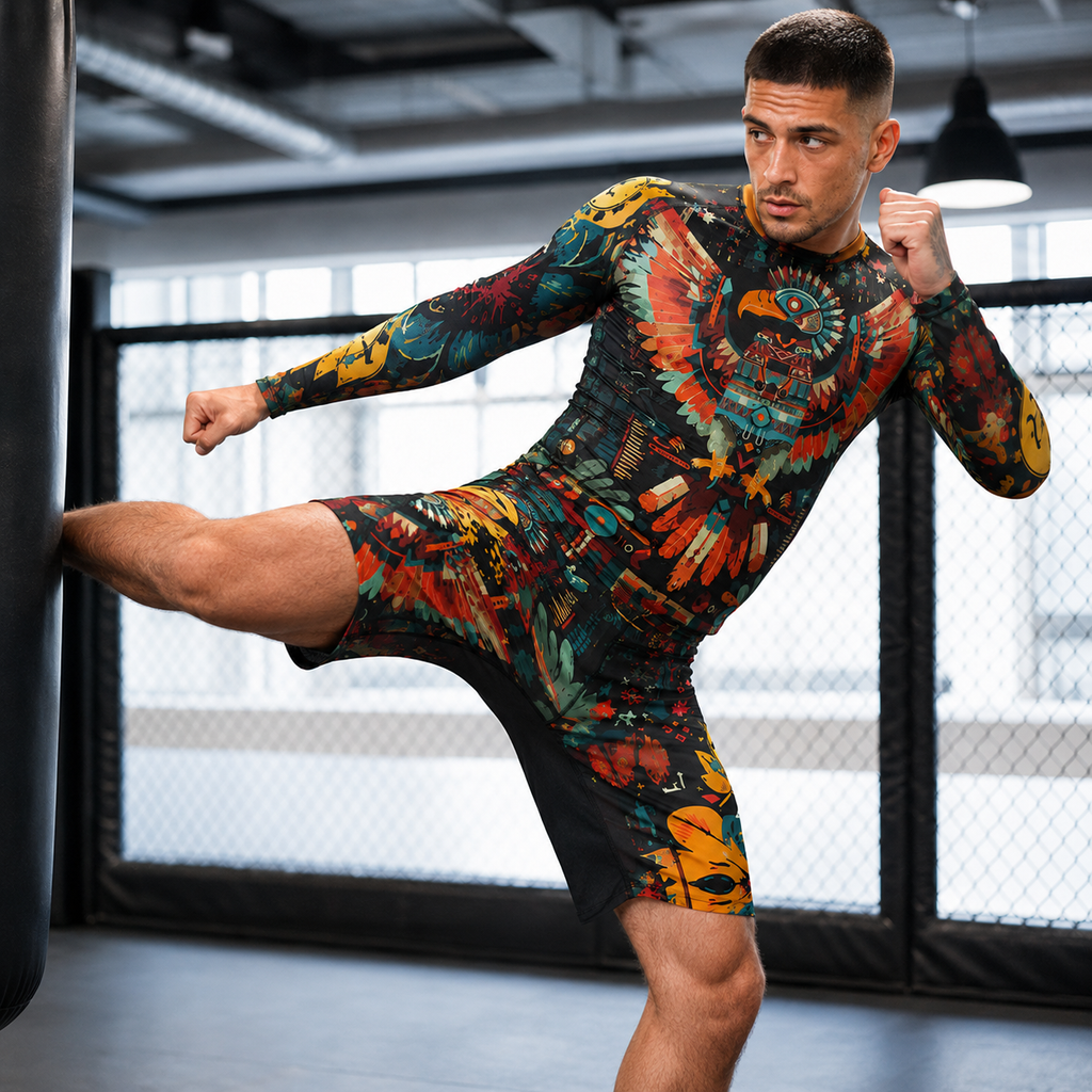 A man in a colorful, long-sleeve athletic rash guard and matching shorts kicks a black punching bag in a gym. The rash guard features a vibrant, multicolored tropical bird and floral pattern on a black base.