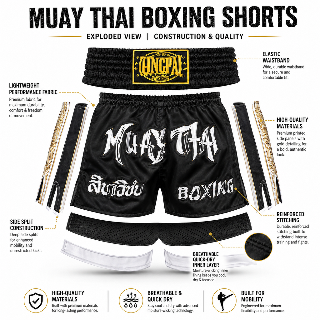 An exploded informational graphic showing black Muay Thai boxing shorts with white lettering, plus separate callout labels for waistband, side split, stitching, inner layer, and materials. The image includes feature text and icons, but the main subject is still the product itself rather than a pure instruction diagram.