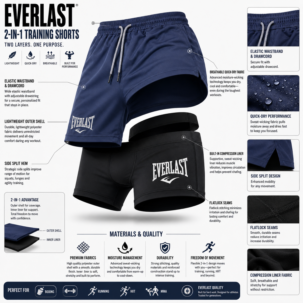 Everlast 2-Layer Slim Fit Training Shorts | Perfect For Summer - FitZone360