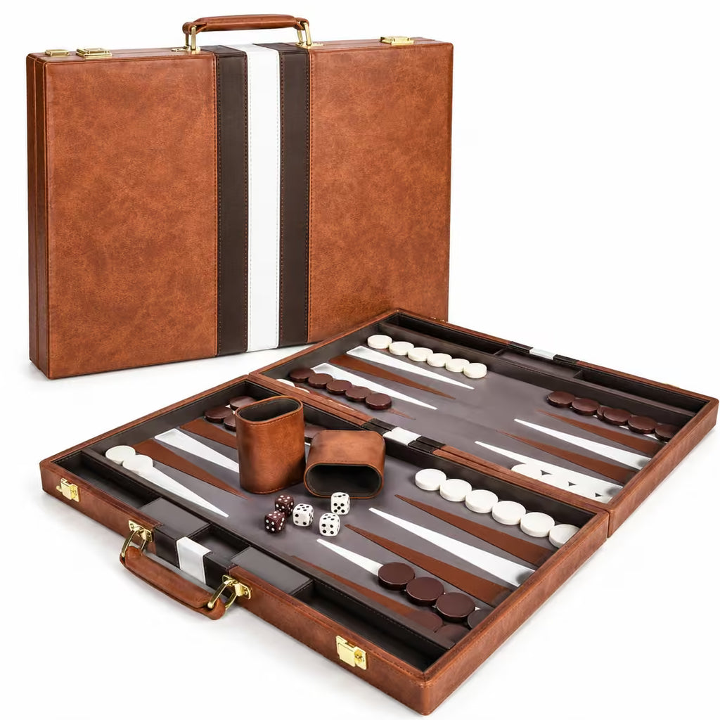 A brown leather backgammon set shown in two views: closed in a briefcase-style case and open on a white background. The set includes a brown leather case with gold-tone hardware, a matching dice cup, dice, and playing pieces on a dark wood board with white and brown pawns.