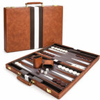 A brown leather backgammon set shown in two views: closed in a briefcase-style case and open on a white background. The set includes a brown leather case with gold-tone hardware, a matching dice cup, dice, and playing pieces on a dark wood board with white and brown pawns.