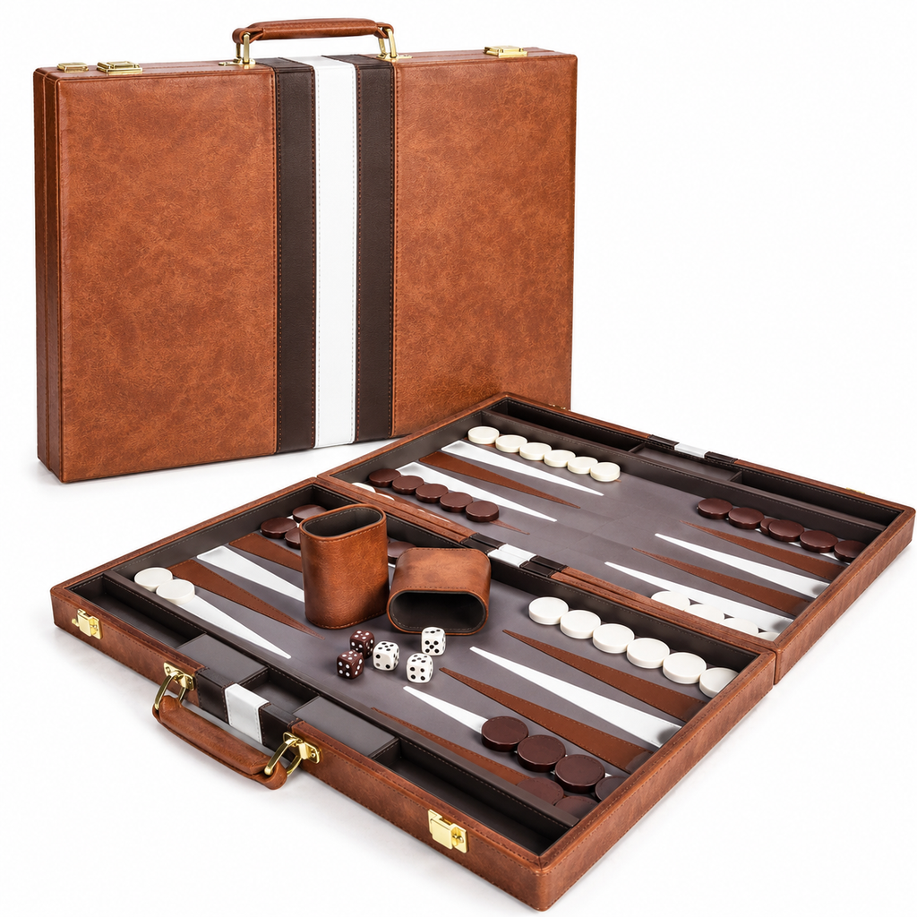 A brown leather backgammon set shown in two views: closed in a briefcase-style case and open on a white background. The set includes a brown leather case with gold-tone hardware, a matching dice cup, dice, and playing pieces on a dark wood board with white and brown pawns.