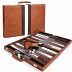 A brown leather backgammon set shown in two views: closed in a briefcase-style case and open on a white background. The set includes a brown leather case with gold-tone hardware, a matching dice cup, dice, and playing pieces on a dark wood board with white and brown pawns.