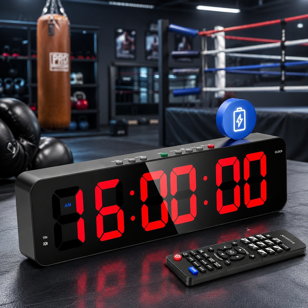 A black digital alarm clock with large red LED numbers showing 16:00:00, placed in a boxing gym setting. The clock has a remote control, a blue battery icon overlay, and a punching bag and boxing ring in the blurred background.