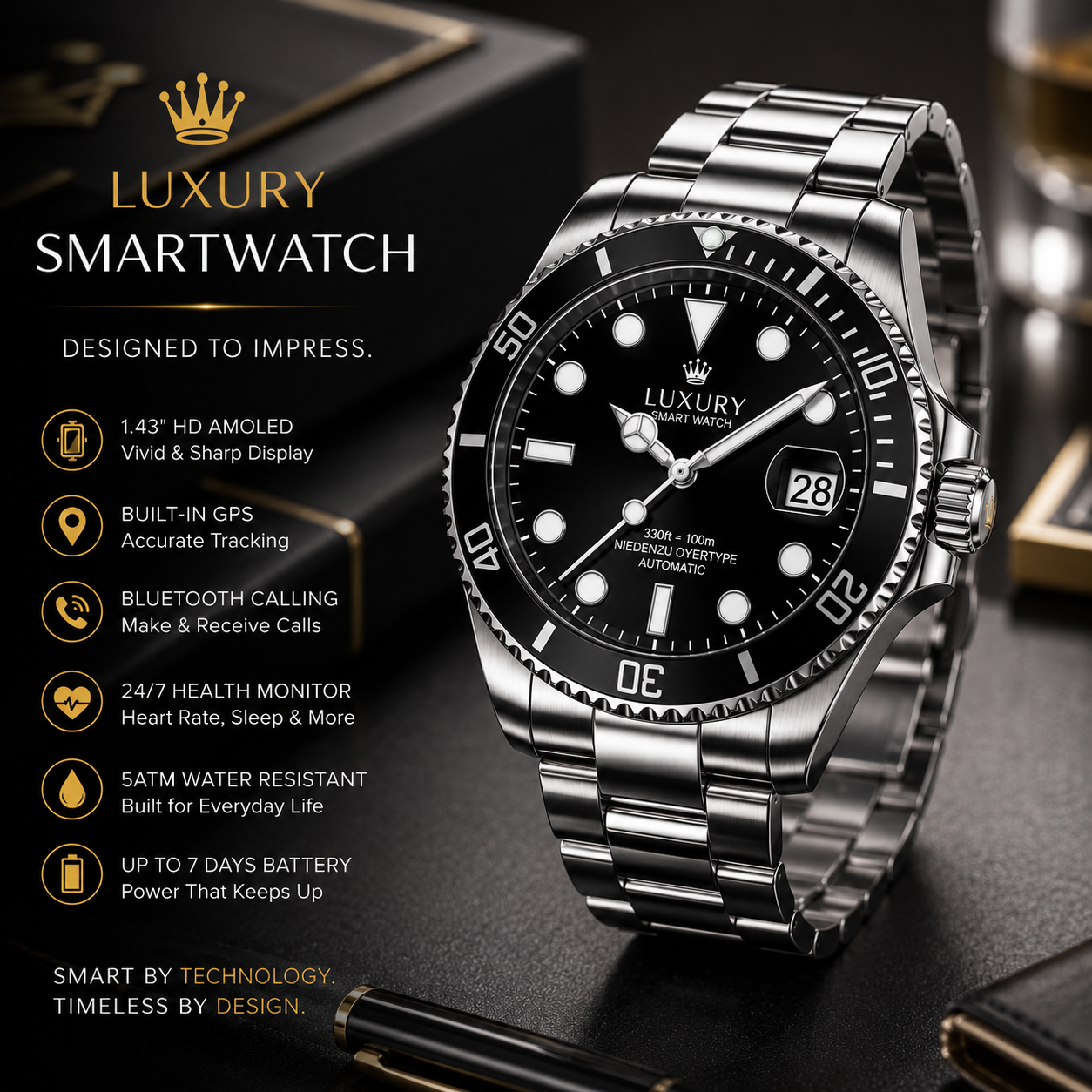 Stainless steel luxury smartwatch with black dial and smart features by FitZone360 Ltd
