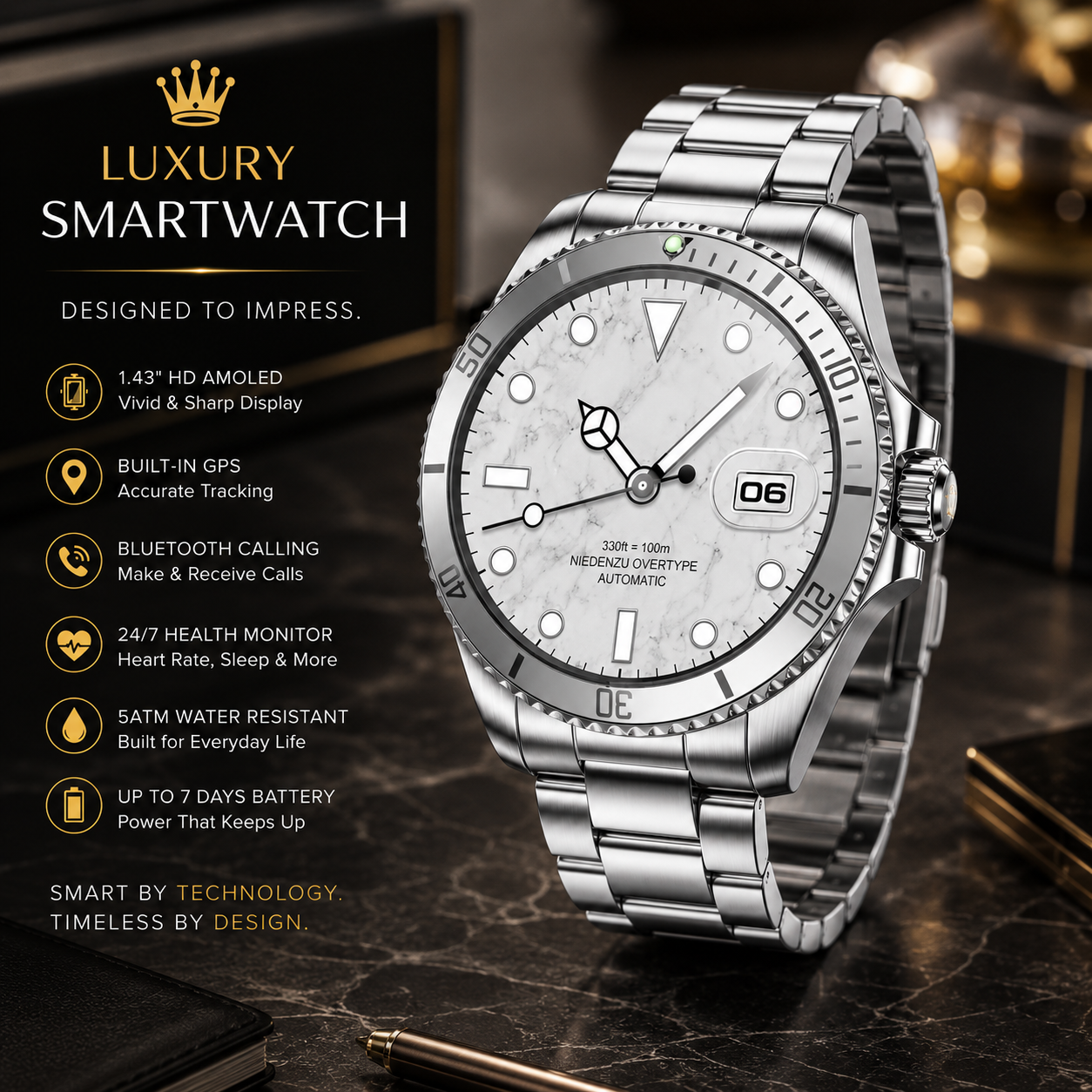 Luxury white dial smartwatch with stainless steel bracelet by FitZone360 Ltd