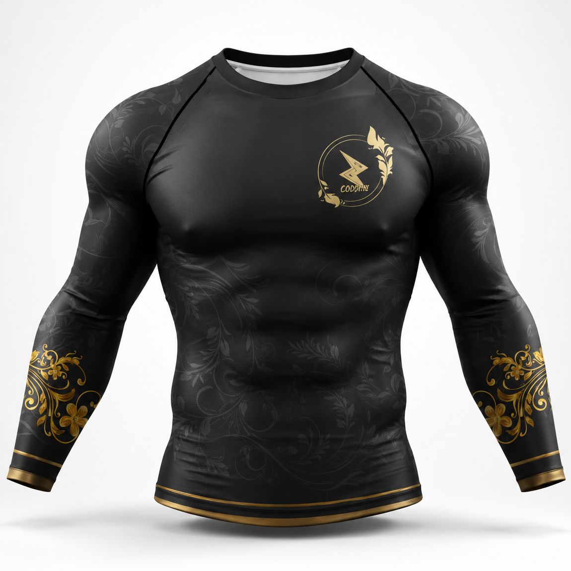 A black long-sleeve athletic compression shirt with a gold circular logo on the chest and gold baroque-style scrollwork on both sleeves, displayed on a ghost mannequin against a light gray background.