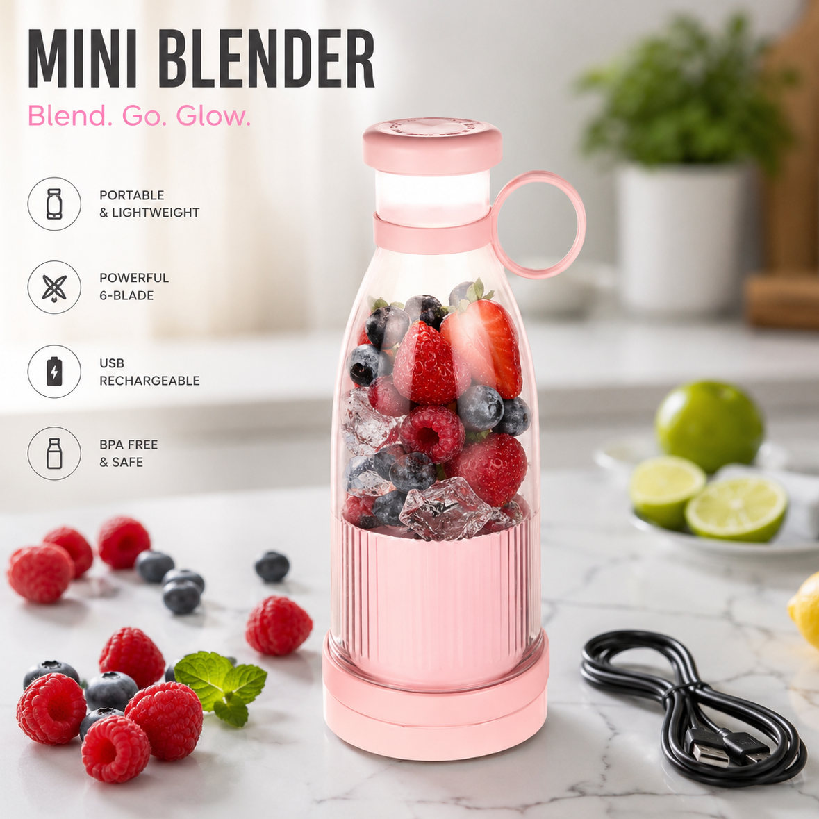 A pink mini portable blender bottle filled with berries, blueberries, and ice, shown on a light marble countertop with fruit props and a black charging cable. Text on the left lists product features: portable & lightweight, powerful 6-blade, USB rechargeable, BPA free & safe.