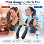 Promotional graphic for a Mini Hanging Neck Fan portable USB rechargeable air cooler. The image features a split-screen demonstration with a woman on the left showing discomfort from overheating and a woman on the right showing relief with blue airflow graphics.