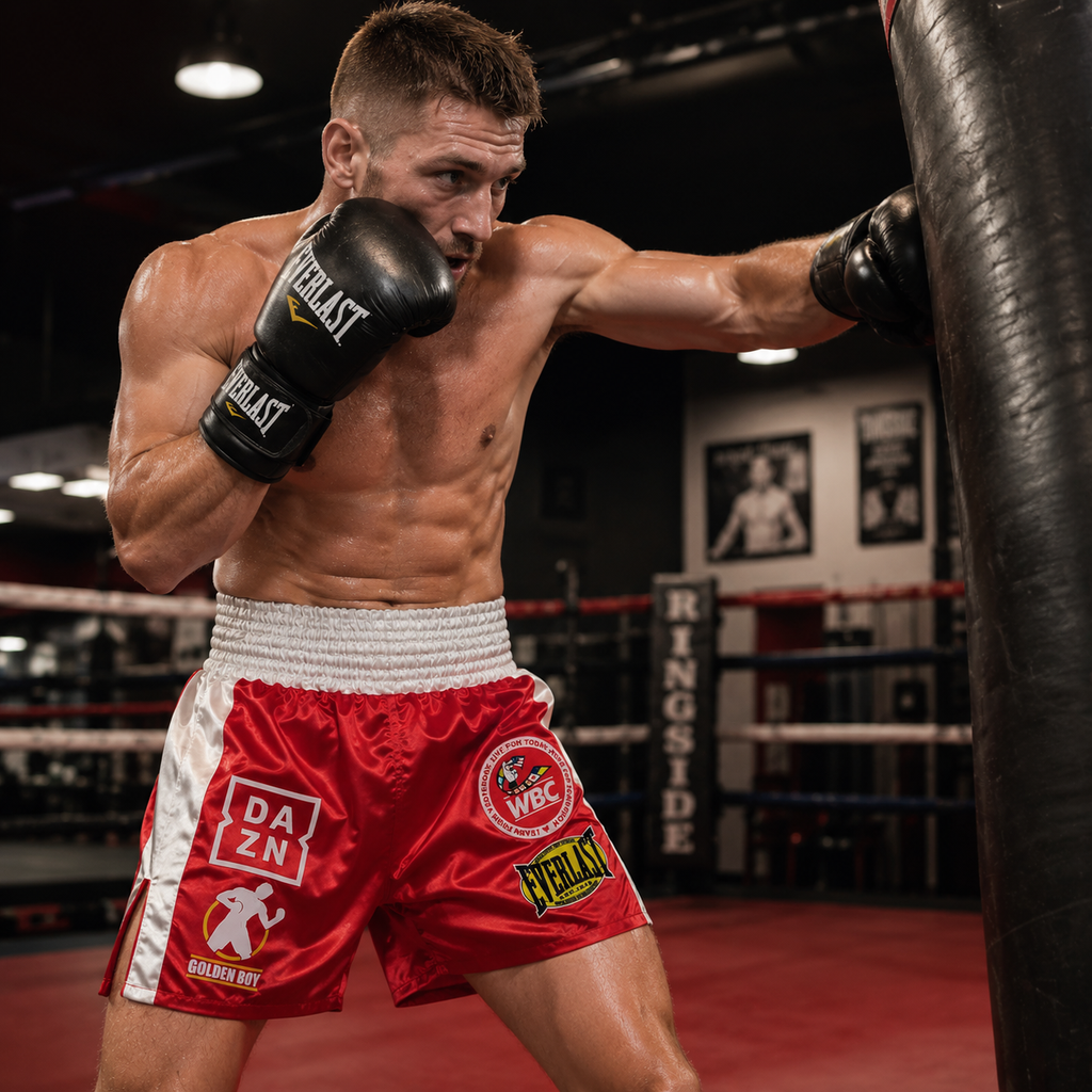 A shirtless male boxer in a ring wearing red and white Everlast shorts with multiple sponsor logos, black Everlast gloves, and training intensely against a hanging punching bag in a gym.