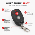 A black remote key fob with red and gray buttons and a silver keychain clip, shown on a light gray background with callout text describing features like two-button control, compact key-fob design, one-hand use, lightweight portability, and built-in clip.