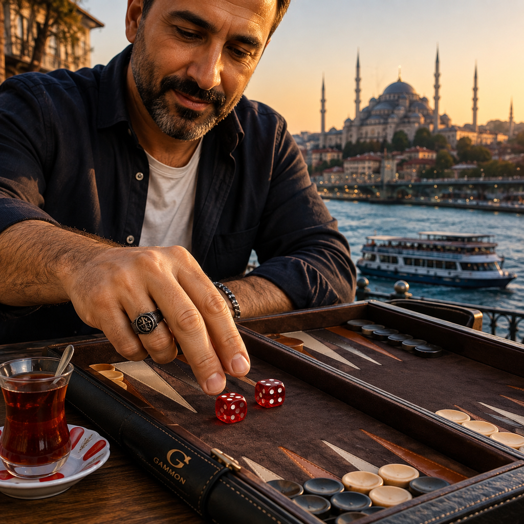 A man in a dark navy shirt plays with red dice on a wooden backgammon board set on a table, with a glass of tea in the foreground and a scenic Istanbul background featuring the Blue Mosque and a boat at sunset.