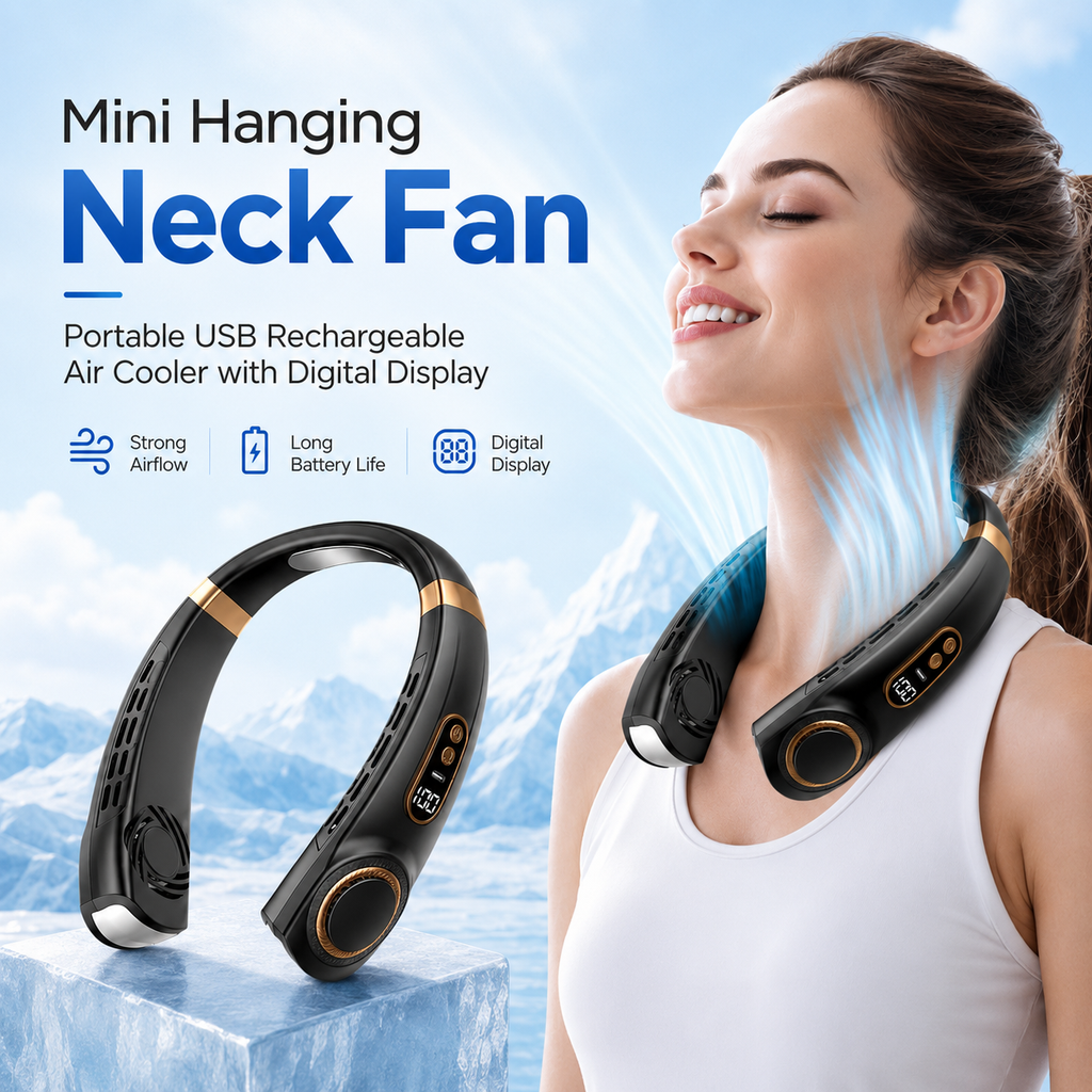 A black and gold mini hanging neck fan shown both floating and worn around a woman's neck, with text highlighting portable USB rechargeable air cooling and a digital display.