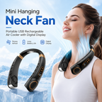 A black and gold mini hanging neck fan shown both floating and worn around a woman's neck, with text highlighting portable USB rechargeable air cooling and a digital display.