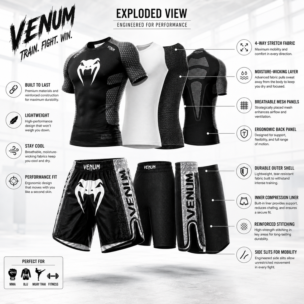 Venum athletic wear set with detailed specifications on a white background