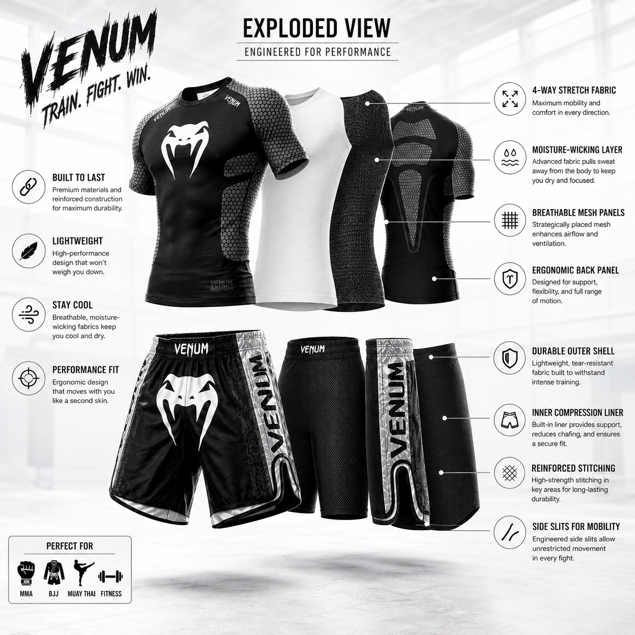 Venum athletic wear set with detailed specifications on a white background