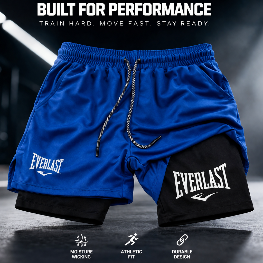 Blue and black athletic shorts with 'Everlast' branding on a dark background.