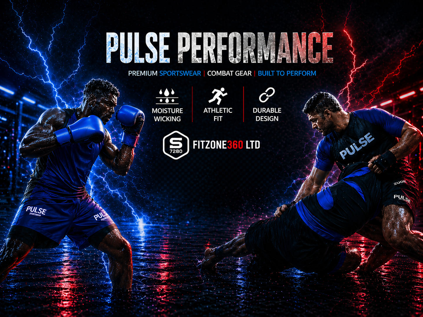 Two athletes in combat gear with 'Pulse Performance' branding on a dark background with lightning effects.