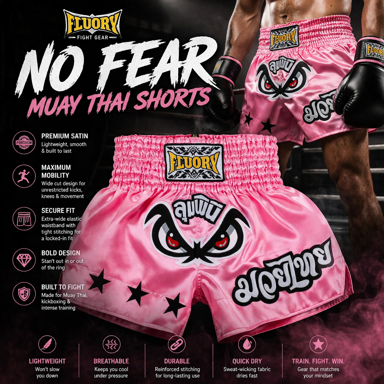 No Fear Muay Thai MMA Shorts | Boxing, Kickboxing & Fight Training - FitZone360