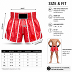Red Gladiator Fightwear athletic shorts with white piping and a black brand patch, shown on a model with measurement guides, a size chart, and fit information on a white background.