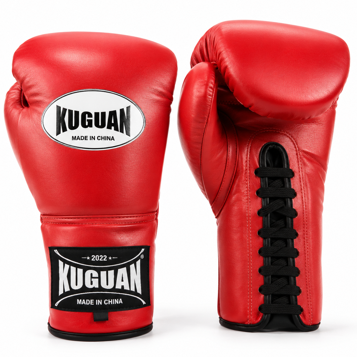 A pair of red leather boxing gloves by Kuguan, one showing the front with a white oval logo and the other showing the side with black laces, on a white background.