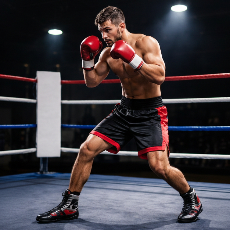 Boxer in a professional boxing ring wearing red and black gear.