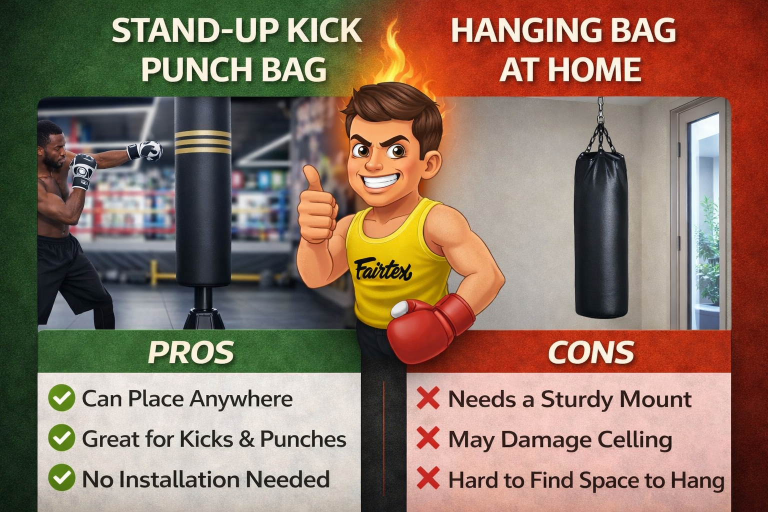 Comparison chart between stand-up kick punch bag and hanging bag at home with pros and cons listed.