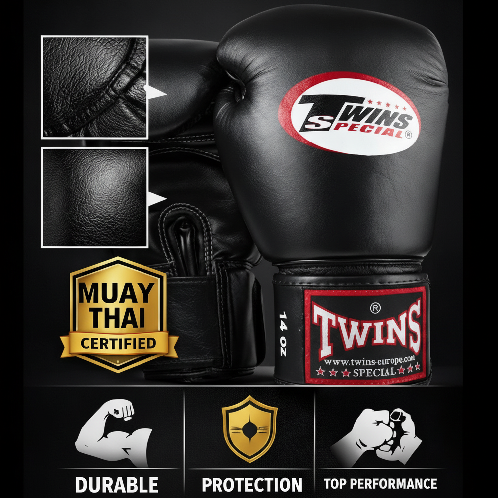 Black Twins Special boxing glove with certification badges on a dark background