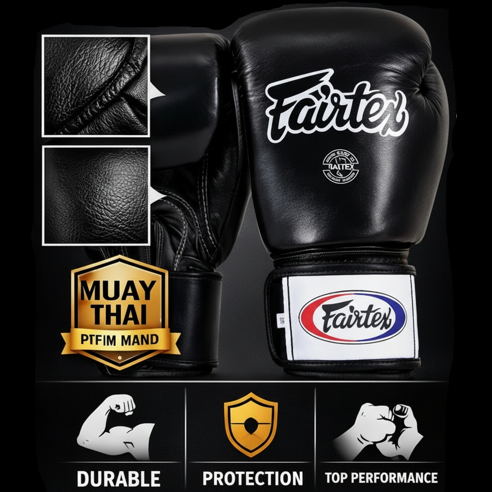 Black boxing glove with Fairtex branding on a dark background