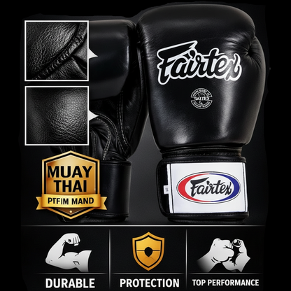 Black boxing glove with Fairtex branding on a dark background