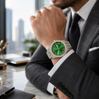 A luxury wristwatch with a vibrant green dial and a two-tone yellow gold and silver pavé bezel and link bracelet, shown on a man's wrist in a dark gray suit.