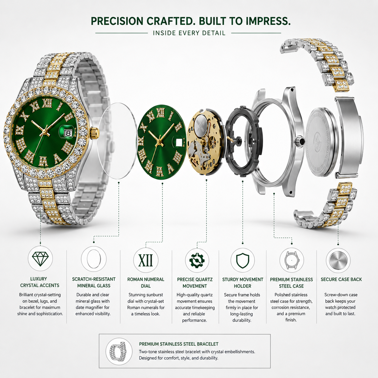 Luxury Men's Diamond Watch – Emerald, Red & Blue Dial | Roman Numerals & Quartz Movement