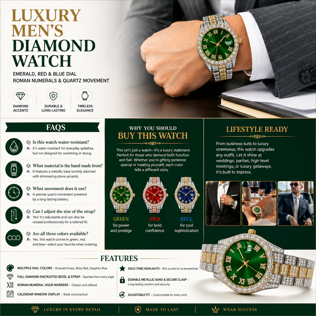Luxury Men's Diamond Watch – Emerald, Red & Blue Dial | Roman Numerals & Quartz Movement