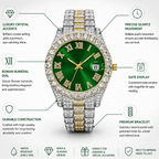 A gold and silver-tone watch with a green dial and diamond-encrusted bezel and bracelet, shown on a white background with callout text and icons describing features like luxury crystal accents, precise quartz movement, Roman numeral dial, date display, durable construction, and premium bracelet.