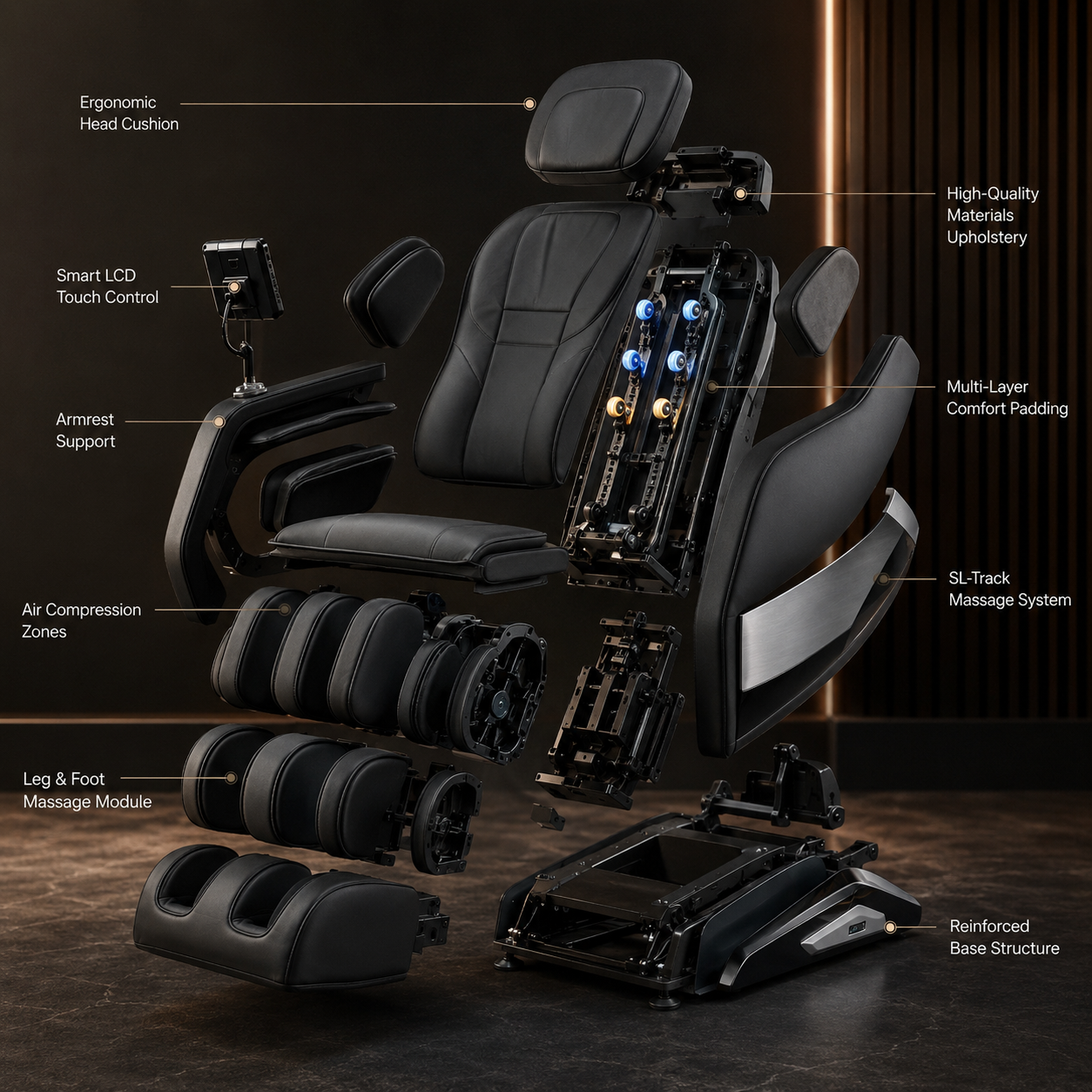 An exploded view diagram of a black massage gaming chair, showing its various modular components such as the headrest, armrests, leg rests, and massage system, with text labels pointing to different features against a dark background.