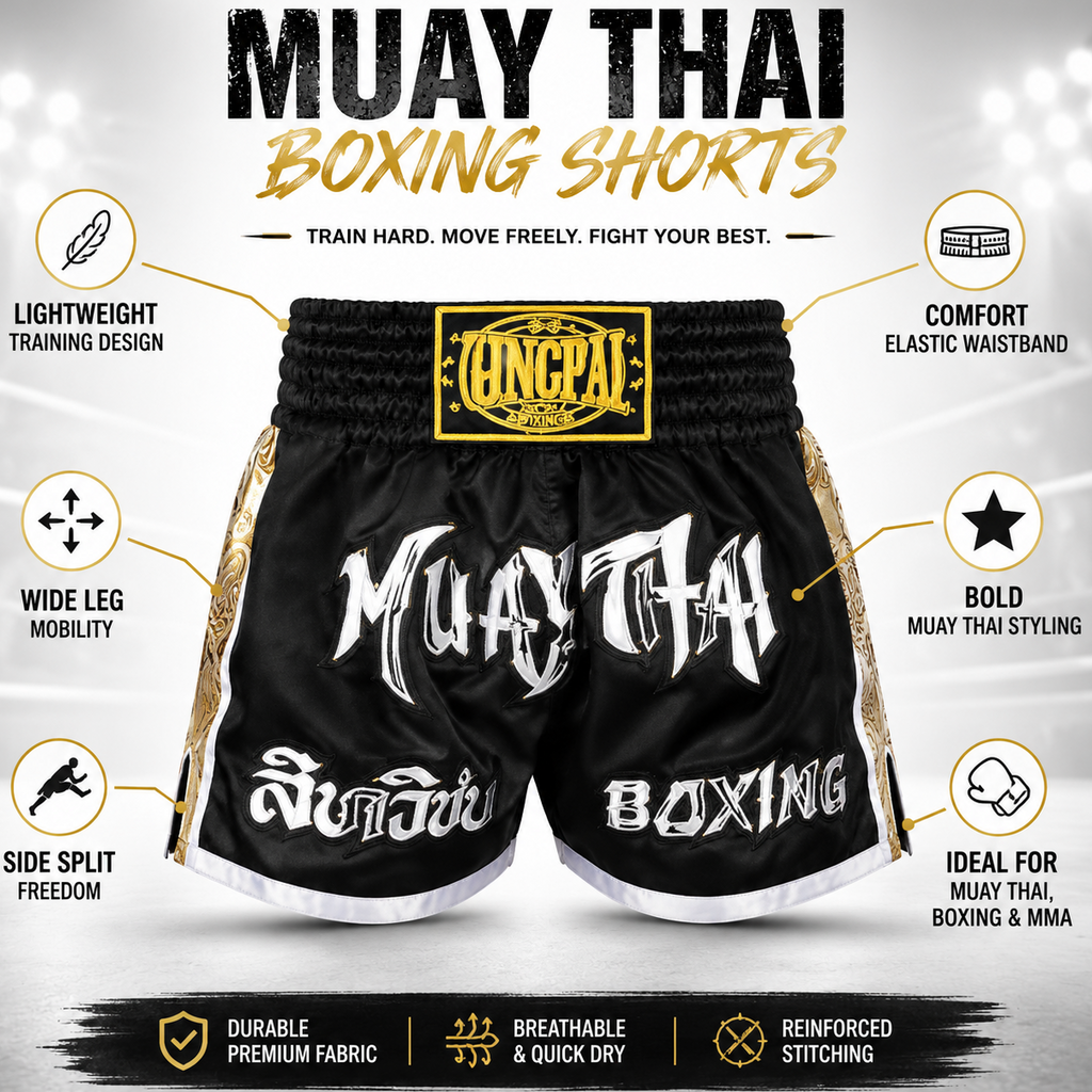Black and gold Muay Thai boxing shorts with white text, shown on a white and gray background with feature callouts and the brand name QNGPAL.
