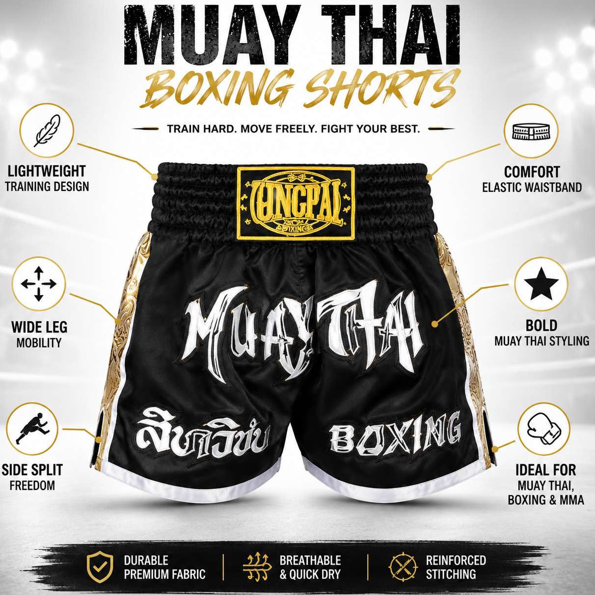 Black and gold Muay Thai boxing shorts with white text, shown on a white and gray background with feature callouts and the brand name QNGPAL.